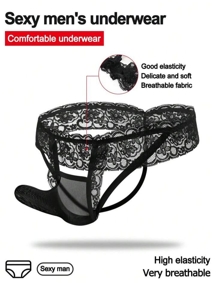 Alluring Black Lace Mysterious U-Convex Sexy Black Hollow Mesh Waist Men's Lingerie